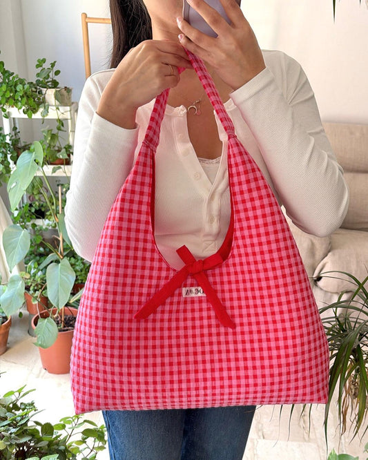 Bolso boho vichy rosa y rojo