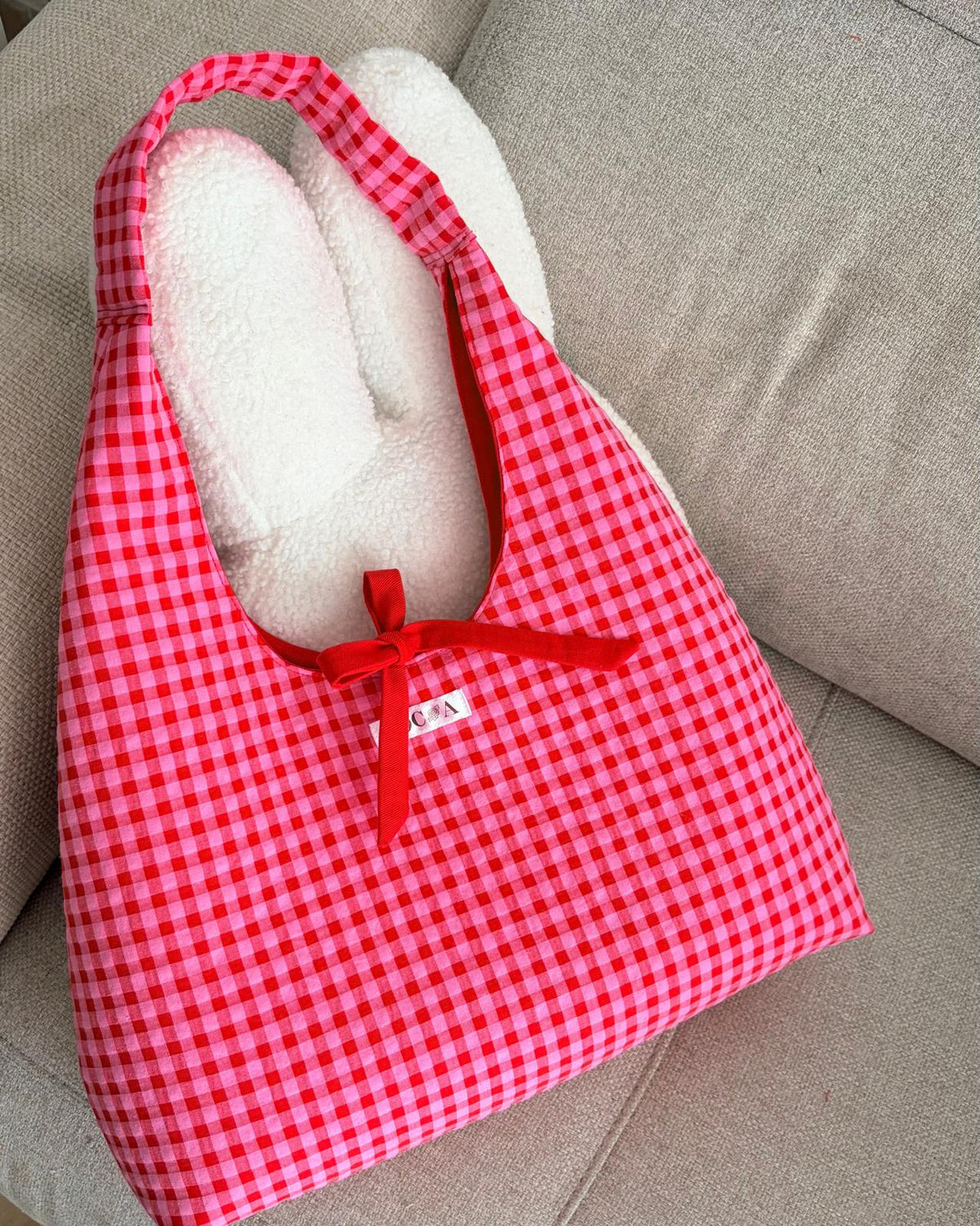 Bolso boho vichy rosa y rojo