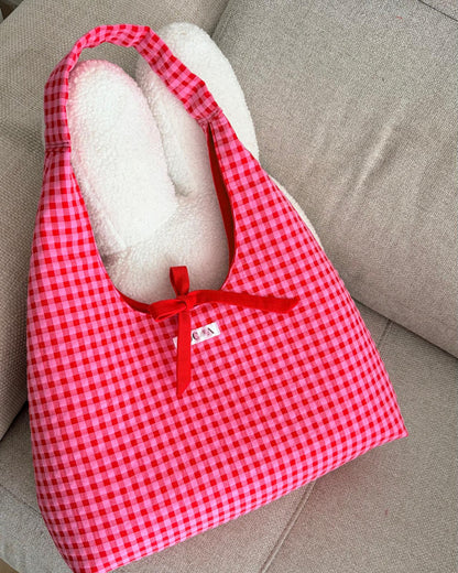 Bolso boho vichy rosa y rojo