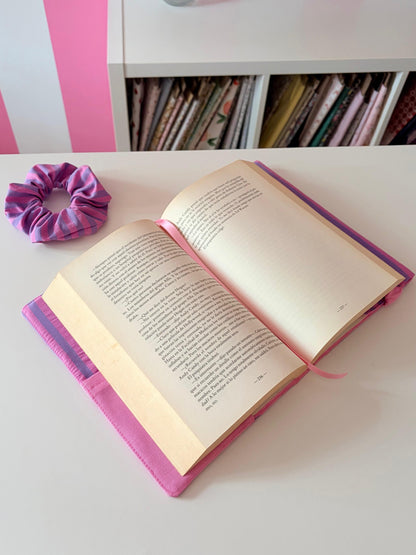 Funda de libro de tela rayas rosa y lila