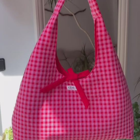 Bolso boho vichy rosa y rojo