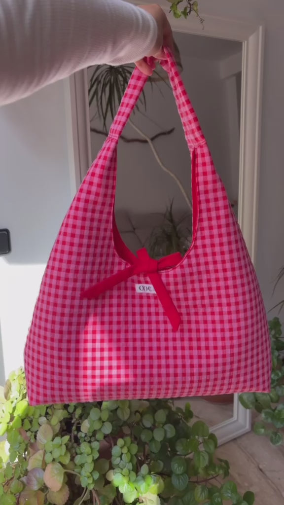 Bolso boho vichy rosa y rojo